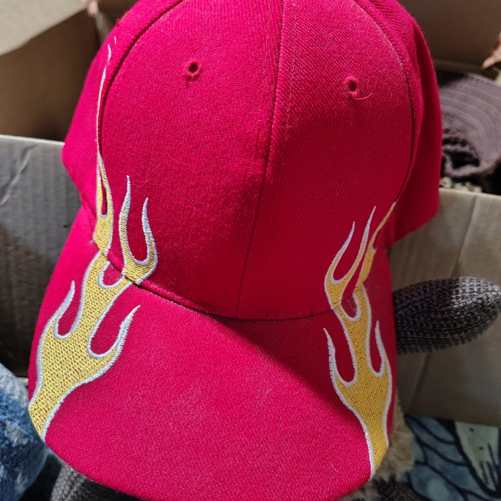 Red Cap 90s Vintage Flame Ball Cap/ Velcro Back/ See Info